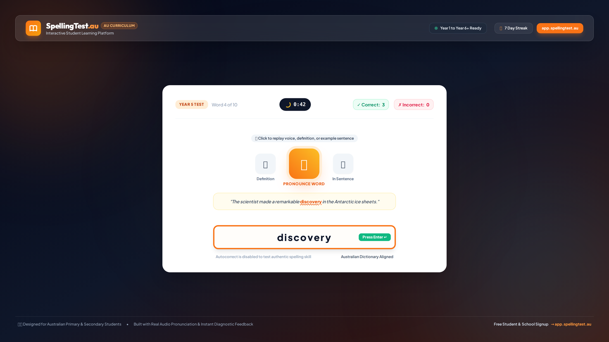 Interactive Audio Spelling Test with Australian Pronunciation